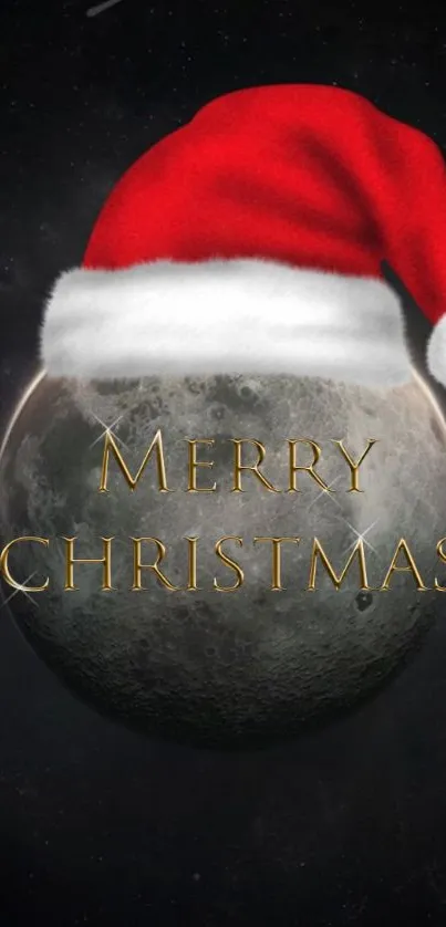 Christmas moon with Santa hat on a starry night sky.