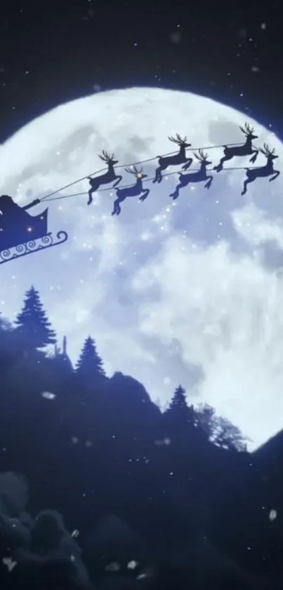 Santa's sleigh flies across a full moon on a wintry night.