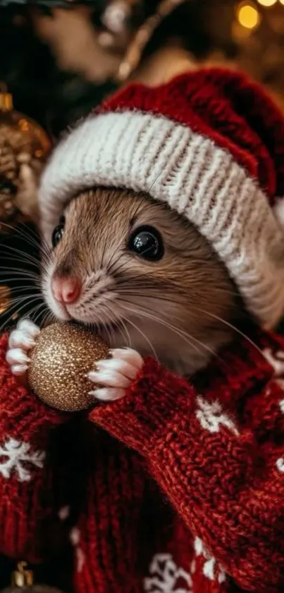 A cute mouse in a Christmas sweater holding an ornament.