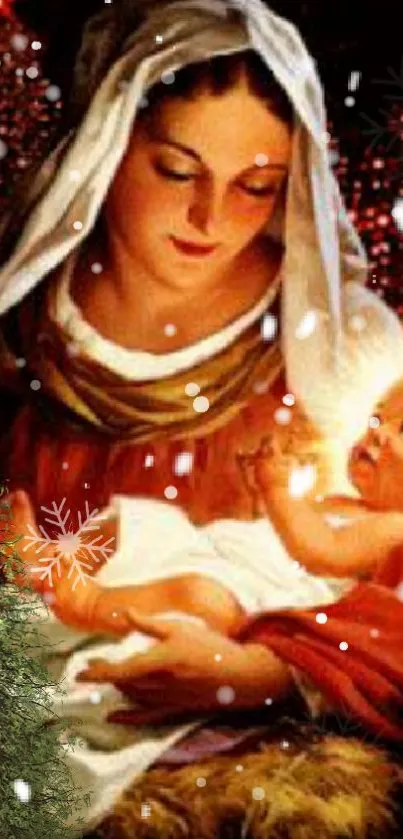 Christmas Nativity wallpaper featuring Mary and infant Jesus with festive elements.