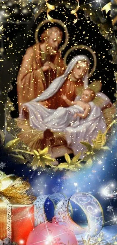 Golden Christmas nativity scene with gifts and sparkling stars.