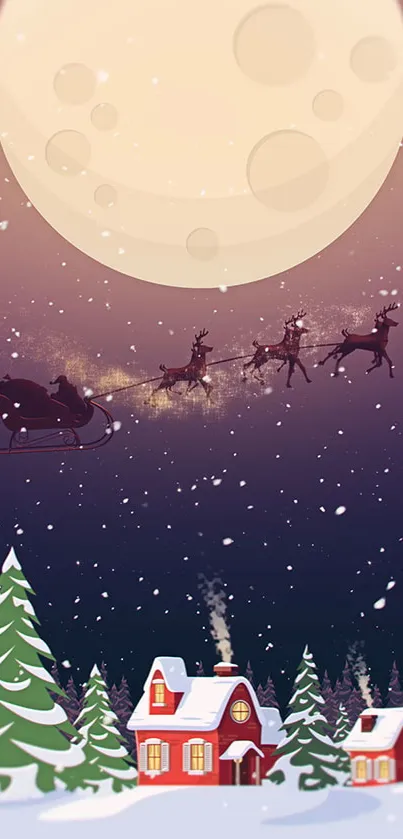 Santa's sleigh flies across a moonlit Christmas night sky.