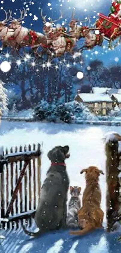 Santa flies over snow village with watching animals.