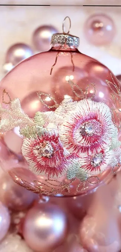 Pink ornament with floral embroidery on festive background.