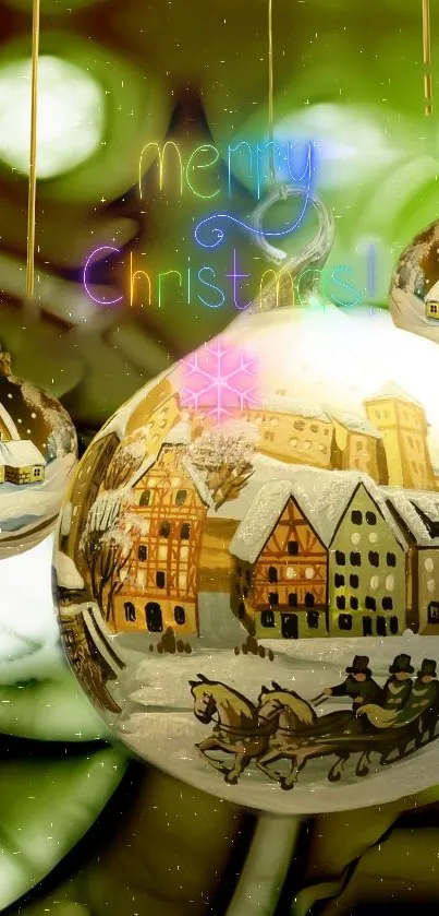 Christmas ornaments with a cozy winter village scene.