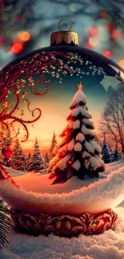 Christmas ornament with snowy winter scene and festive lights.