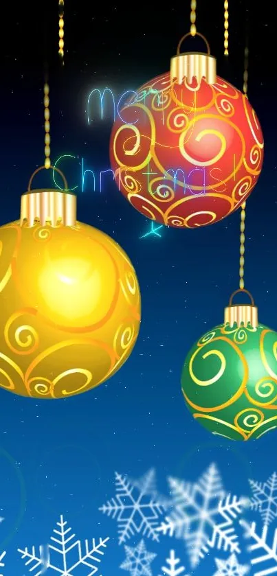 Colorful Christmas ornaments wallpaper with snowflakes.