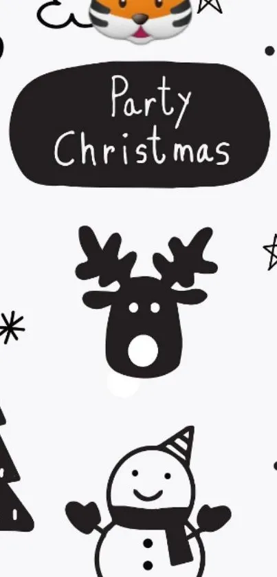 Black and white Christmas-themed wallpaper with reindeer and snowman.