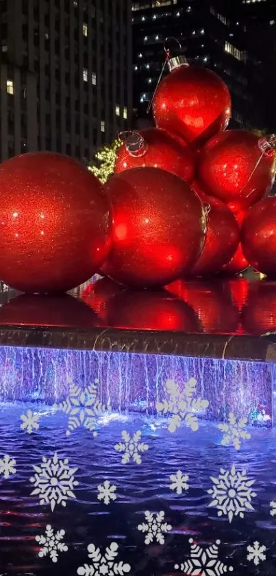 Festive red Christmas ornaments with holiday decor on a city nightscape.