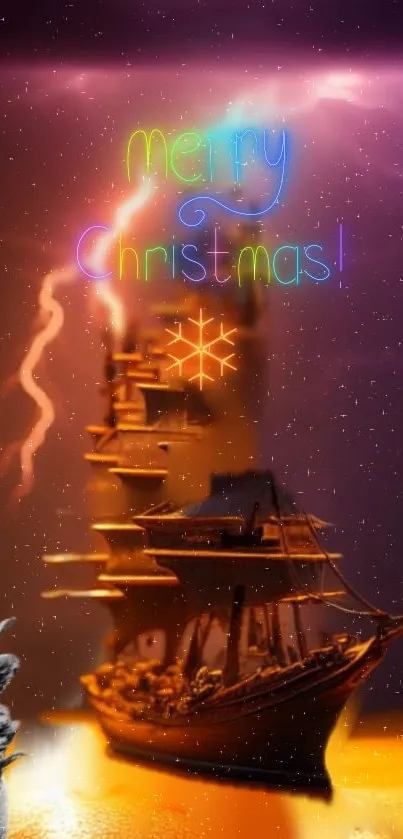 Vibrant Christmas ship wallpaper with neon text and lightning.