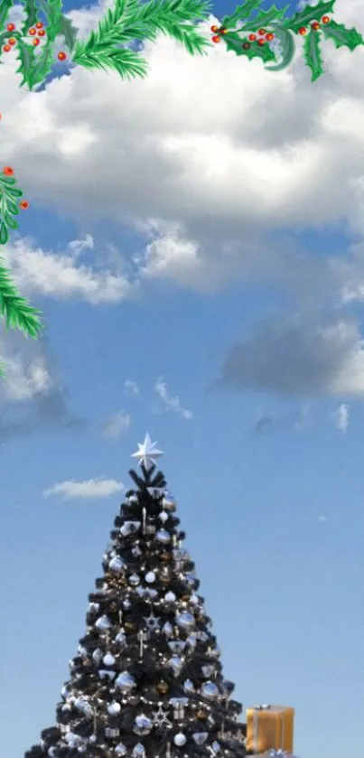 Christmas tree under a blue sky with festive decorations.