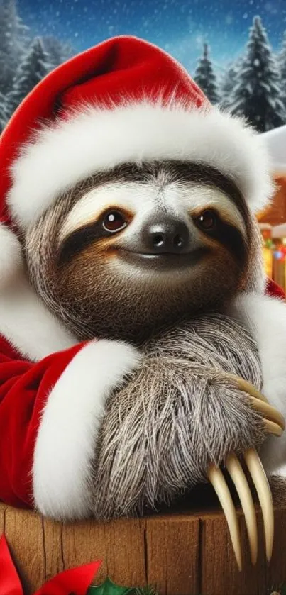 Adorable sloth dressed as Santa with a festive snowy background.