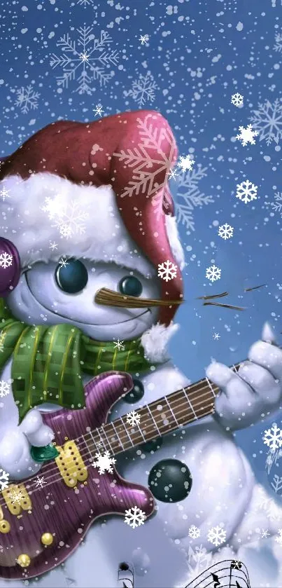 Snowman with guitar in snowfall, wearing a Christmas hat and green scarf.