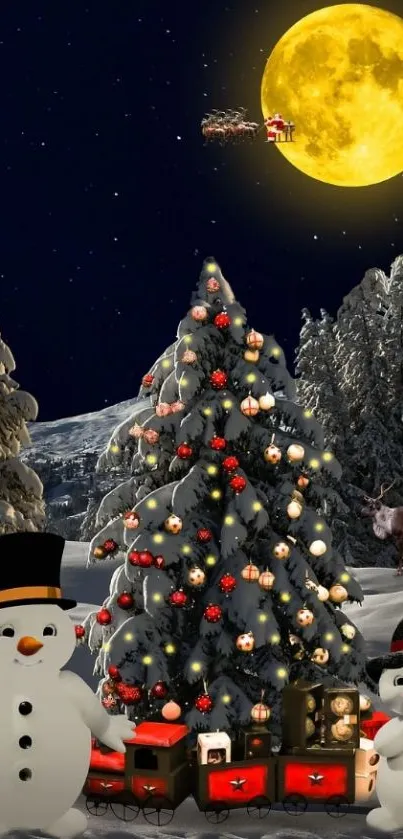 Christmas night wallpaper with snowmen and a decorated tree under a full moon.