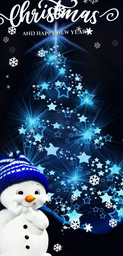 Festive Christmas mobile wallpaper with snowman and glowing blue tree.