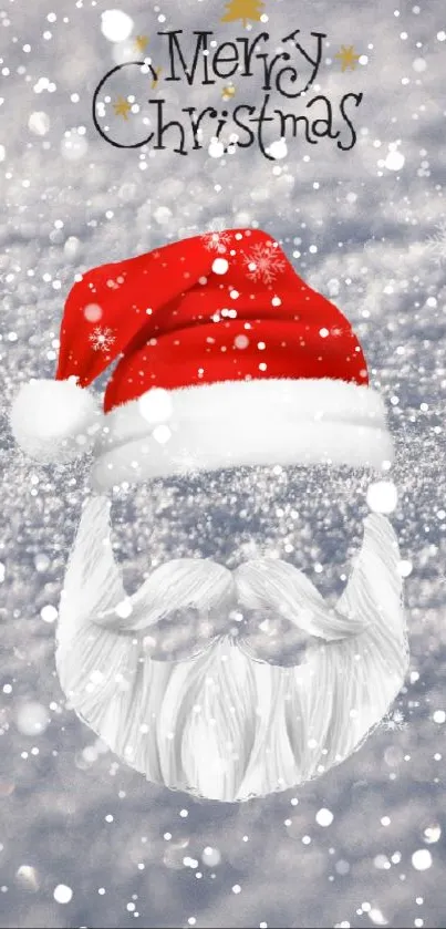 Minimalistic Santa hat on snowy background Christmas wallpaper.