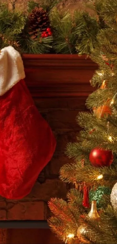 Red Christmas stockings hung over a cozy fireplace adorned with festive garlands.