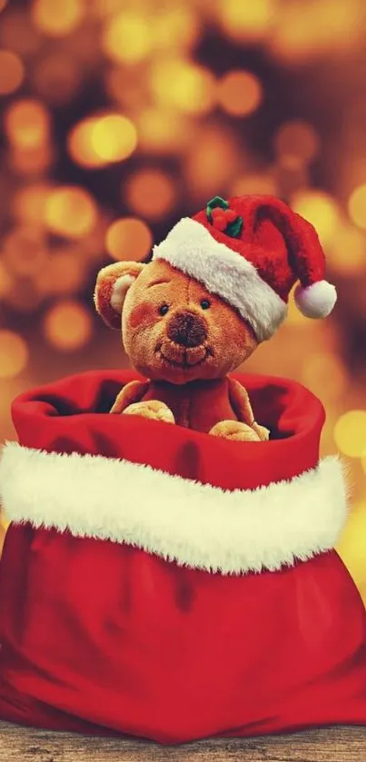 Festive teddy bear in Santa sack wallpaper.