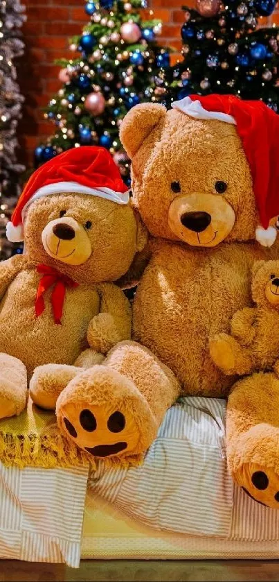 Teddy bears with Santa hats in a festive Christmas setting.