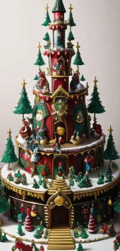 Festive Christmas tower cake with tiers and small evergreen trees.