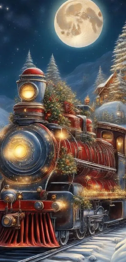 Christmas train in snowy night with full moon.