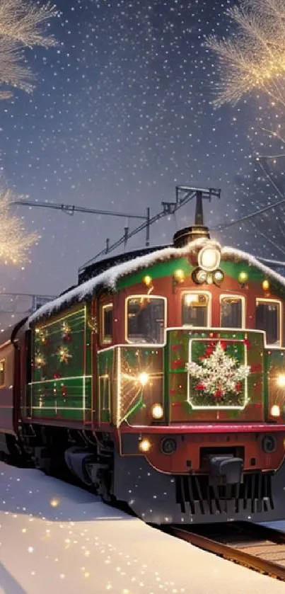 Festive Christmas train in snowy landscape, sparkling lights.