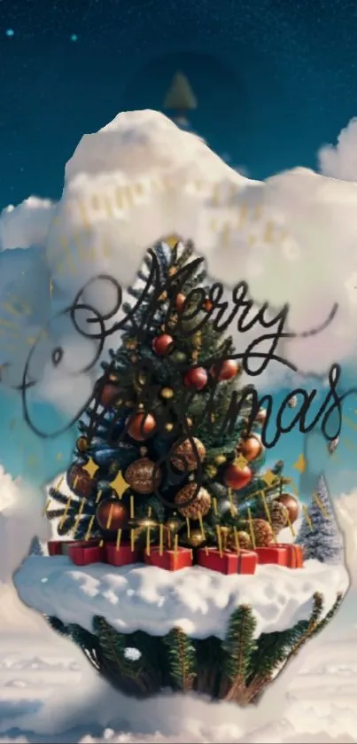 Floating Christmas tree with festive decor in a cloudy sky.