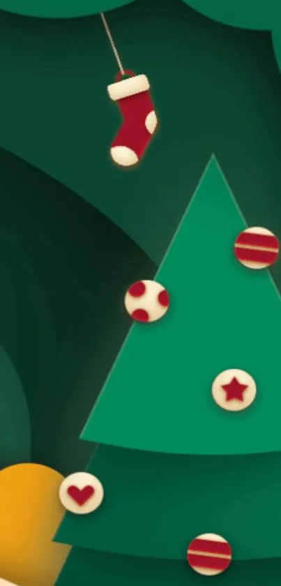 Mobile wallpaper featuring Christmas tree and decorations in dark green and festive colors.