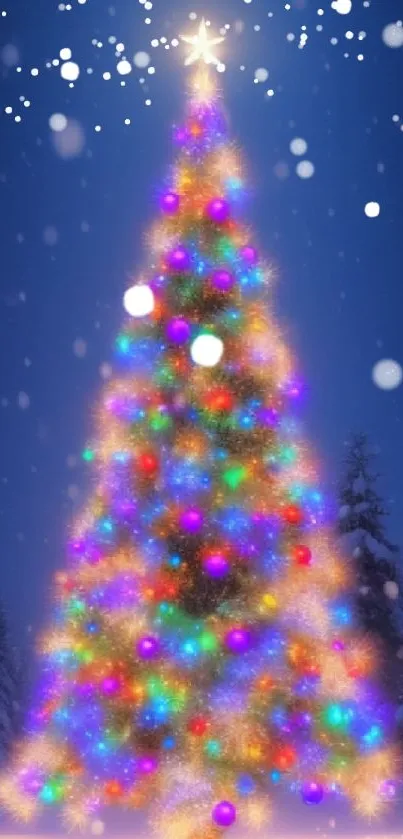 Vibrant Christmas tree glowing with colorful lights against a snowy night backdrop.