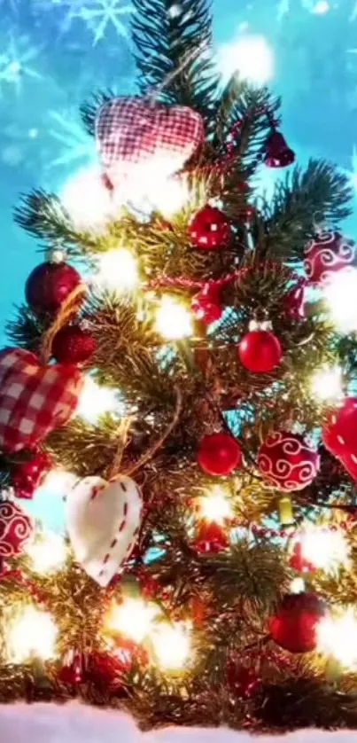 Christmas tree with glowing heart ornaments and snowy blue background.