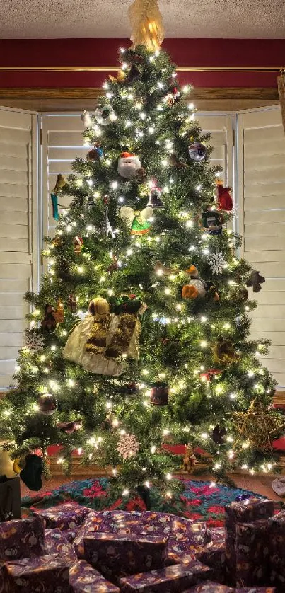 Elegant Christmas tree with lights and gifts in a cozy living room.