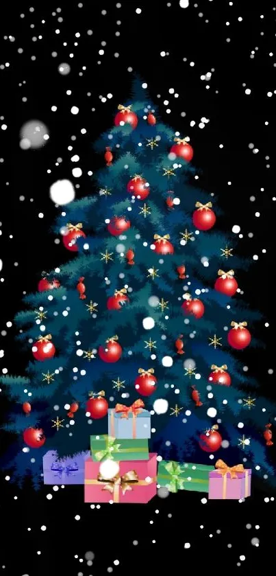 Christmas tree with gifts on a dark background, perfect for holiday wallpaper.