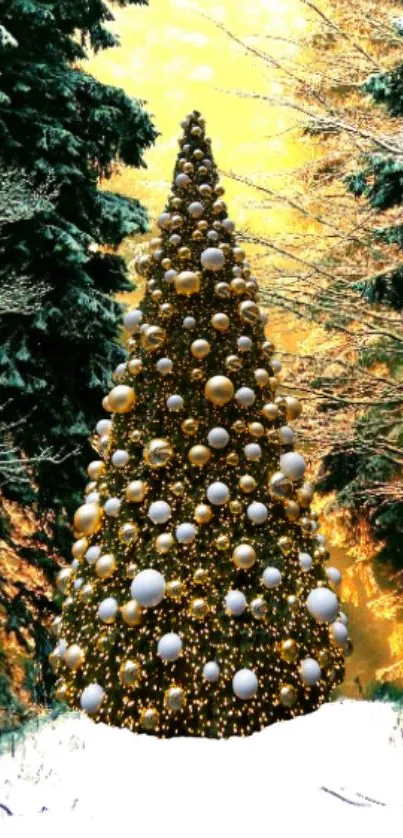 Golden Christmas tree adorned with ornaments in snowy forest.