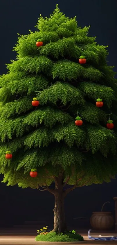 A vibrant Christmas tree with red ornaments for phone wallpaper.