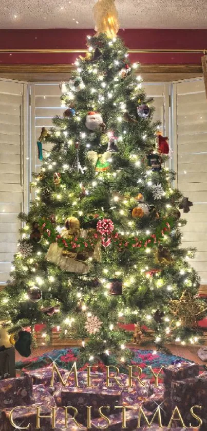 Cozy room with Christmas tree and gifts.