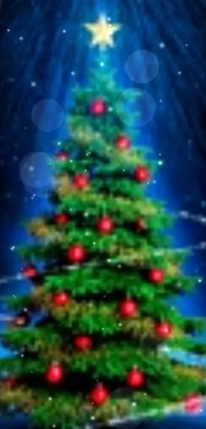 Festive Christmas tree with lights on a starry blue night background.