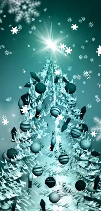 Festive teal Christmas tree with snowfall design.