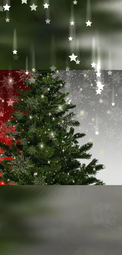 Christmas tree with stars and snowflakes on festive background.