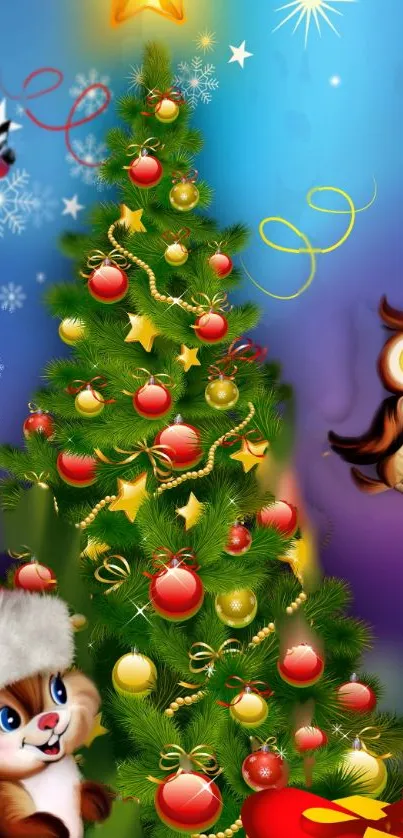 Christmas tree with ornaments and cartoon owl illustration.