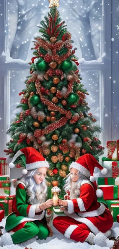 Christmas tree with Santa-dressed girls and gifts under snowflakes.