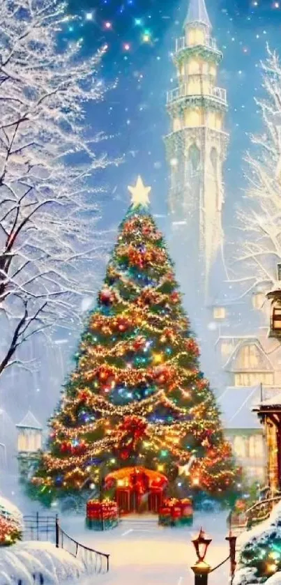 Christmas village with tree and snow scene wallpaper.