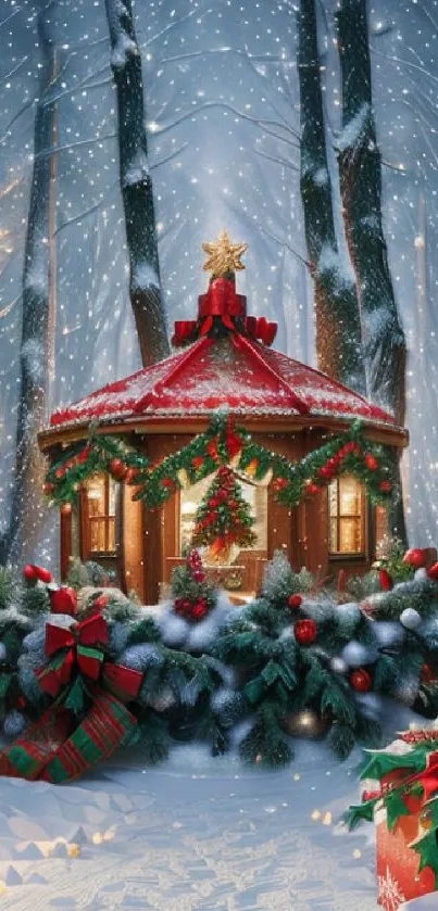 Festive cabin in snowy winter forest.