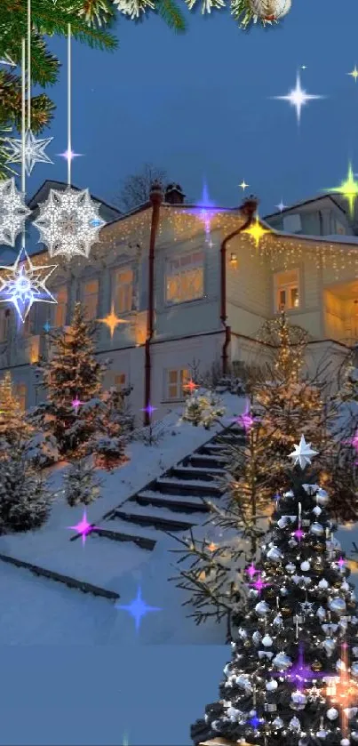 Cozy winter house with festive lights and snow-covered landscape.