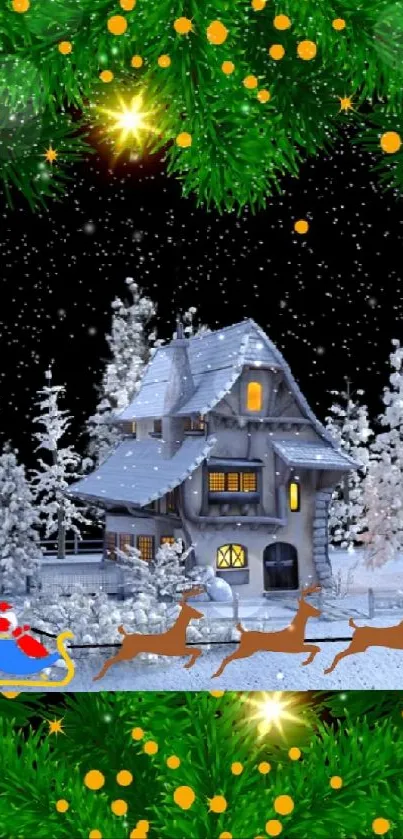 Christmas wallpaper with snowy cottage and Santa's sleigh surrounded by pine branches.