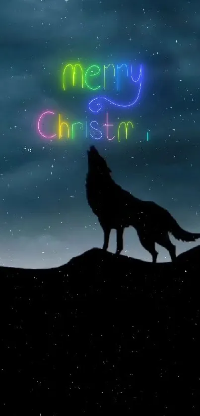 Silhouetted wolf under a neon merry Christmas sky.