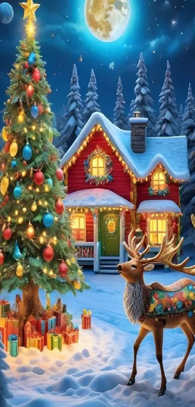 Christmas scene with a decorated tree, snowy cabin, and reindeer under a full moon.