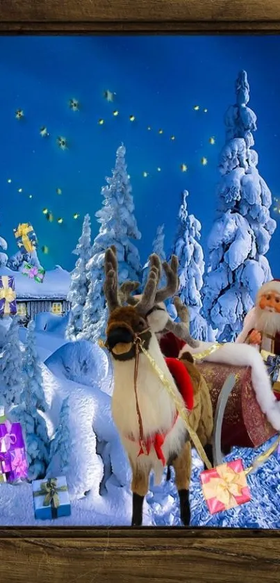 Santa and reindeer in snowy Christmas scene.