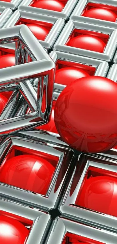 3D chrome and red geometric wallpaper with reflective details.