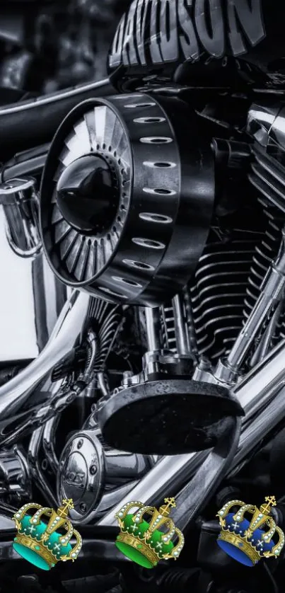 Close-up of chrome motorcycle engine with vibrant crowns.