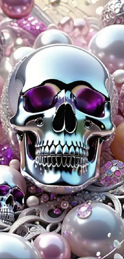 Chrome skull art with shiny pearls in pastel shades.